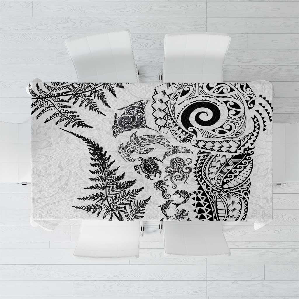 New Zealand Sea Animals Tablecloth with Maori Koru Tribal Tattoo and Silver Ferns White Color