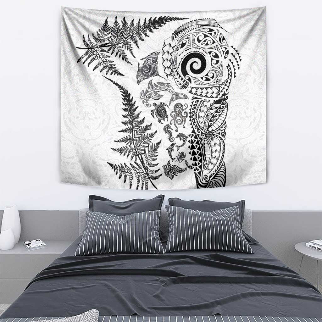 New Zealand Sea Animals Tapestry with Maori Koru Tribal Tattoo and Silver Ferns White Color LT03 - Polynesian Pride