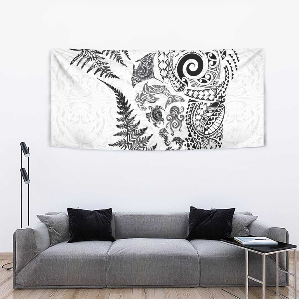 New Zealand Sea Animals Tapestry with Maori Koru Tribal Tattoo and Silver Ferns White Color LT03 - Polynesian Pride