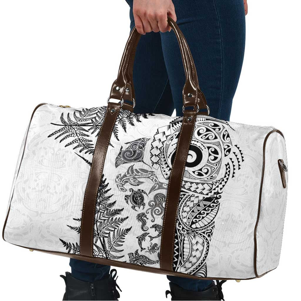 New Zealand Sea Animals Travel Bag with Maori Koru Tribal Tattoo and Silver Ferns White Color LT03 - Polynesian Pride