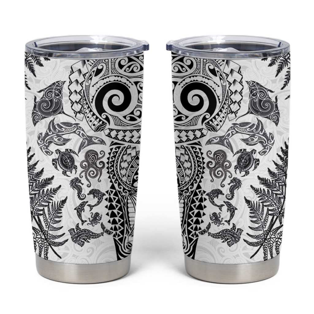 New Zealand Sea Animals Tumbler Cup with Maori Koru Tribal Tattoo and Silver Ferns White Color
