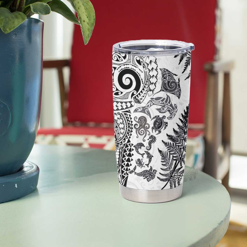 New Zealand Sea Animals Tumbler Cup with Maori Koru Tribal Tattoo and Silver Ferns White Color LT03 - Polynesian Pride