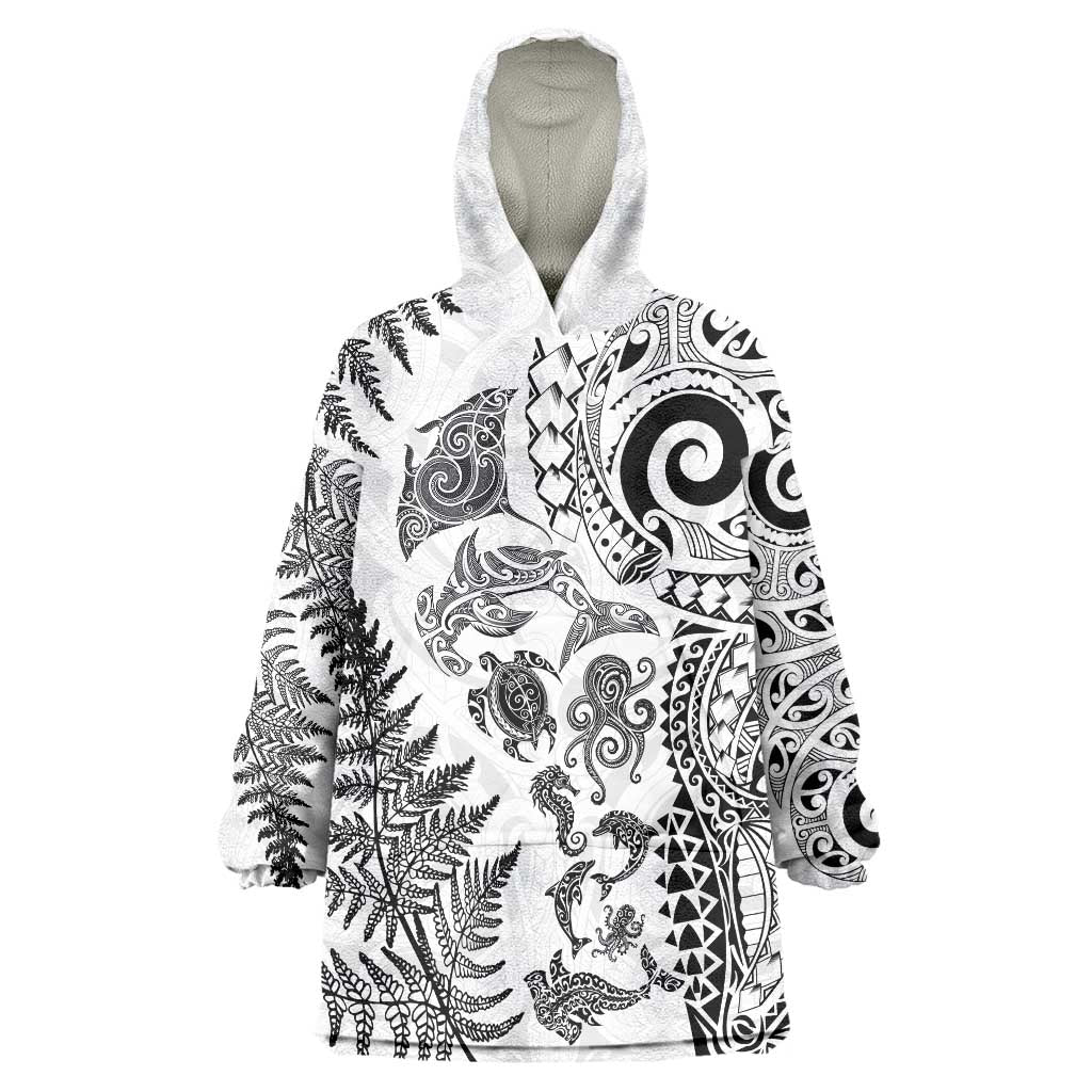 New Zealand Sea Animals Wearable Blanket Hoodie with Maori Koru Tribal Tattoo and Silver Ferns White Color
