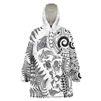 New Zealand Sea Animals Wearable Blanket Hoodie with Maori Koru Tribal Tattoo and Silver Ferns White Color LT03 One Size White - Polynesian Pride