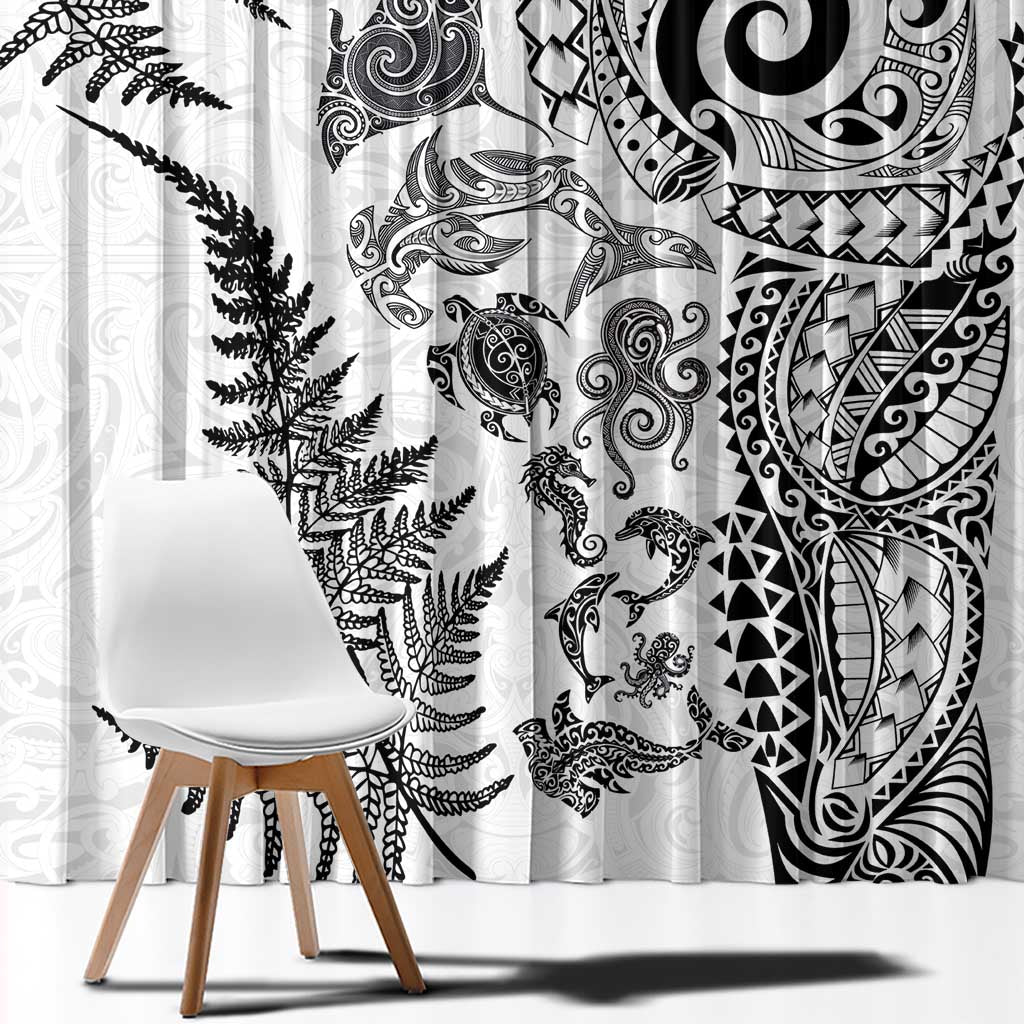 New Zealand Sea Animals Window Curtain with Maori Koru Tribal Tattoo and Silver Ferns White Color LT03 - Polynesian Pride