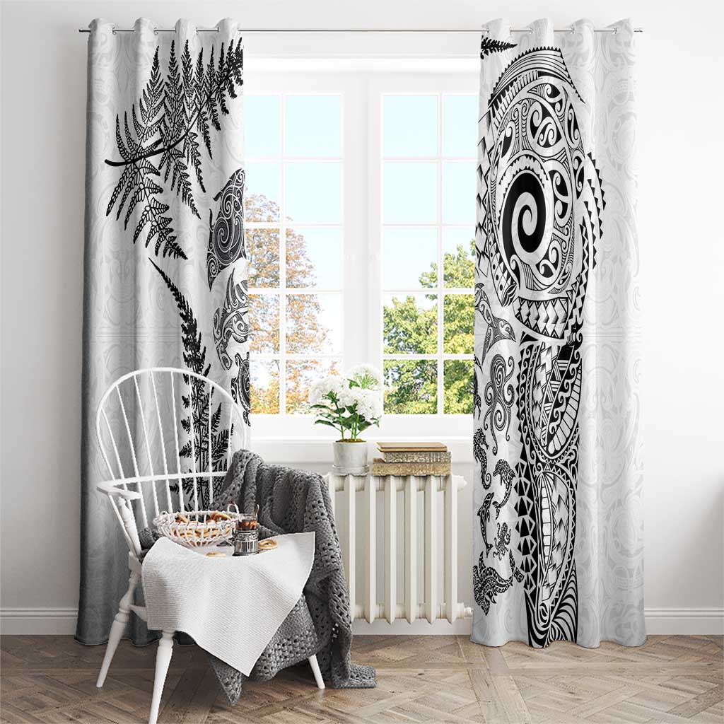 New Zealand Sea Animals Window Curtain with Maori Koru Tribal Tattoo and Silver Ferns White Color LT03 - Polynesian Pride