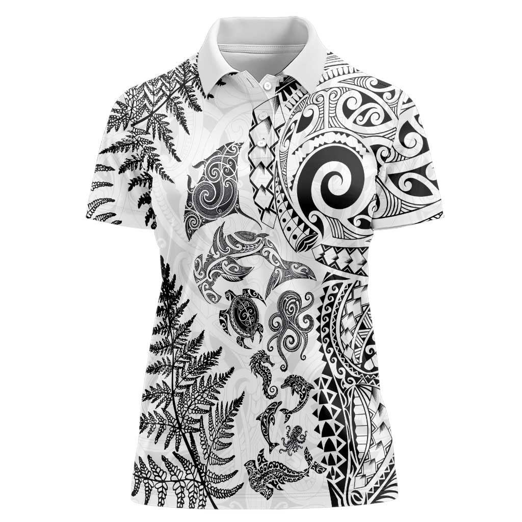 New Zealand Sea Animals Women Polo Shirt with Maori Koru Tribal Tattoo and Silver Ferns White Color