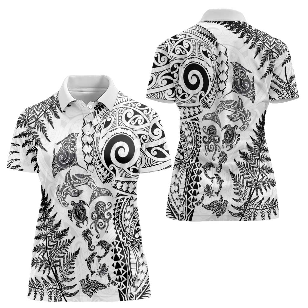 New Zealand Sea Animals Women Polo Shirt with Maori Koru Tribal Tattoo and Silver Ferns White Color LT03 - Polynesian Pride