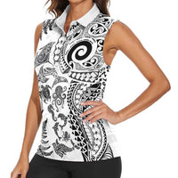 New Zealand Sea Animals Women Sleeveless Polo Shirt with Maori Koru Tribal Tattoo and Silver Ferns White Color LT03 - Polynesian Pride