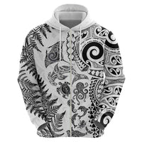 New Zealand Sea Animals Zip Hoodie with Maori Koru Tribal Tattoo and Silver Ferns White Color LT03 - Polynesian Pride