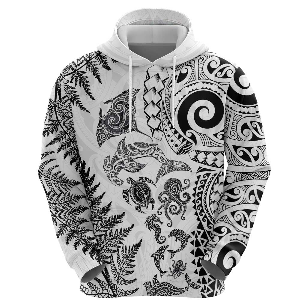 New Zealand Sea Animals Zip Hoodie with Maori Koru Tribal Tattoo and Silver Ferns White Color LT03 - Polynesian Pride