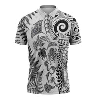New Zealand Sea Animals Zipper Polo Shirt with Maori Koru Tribal Tattoo and Silver Ferns White Color LT03 White - Polynesian Pride