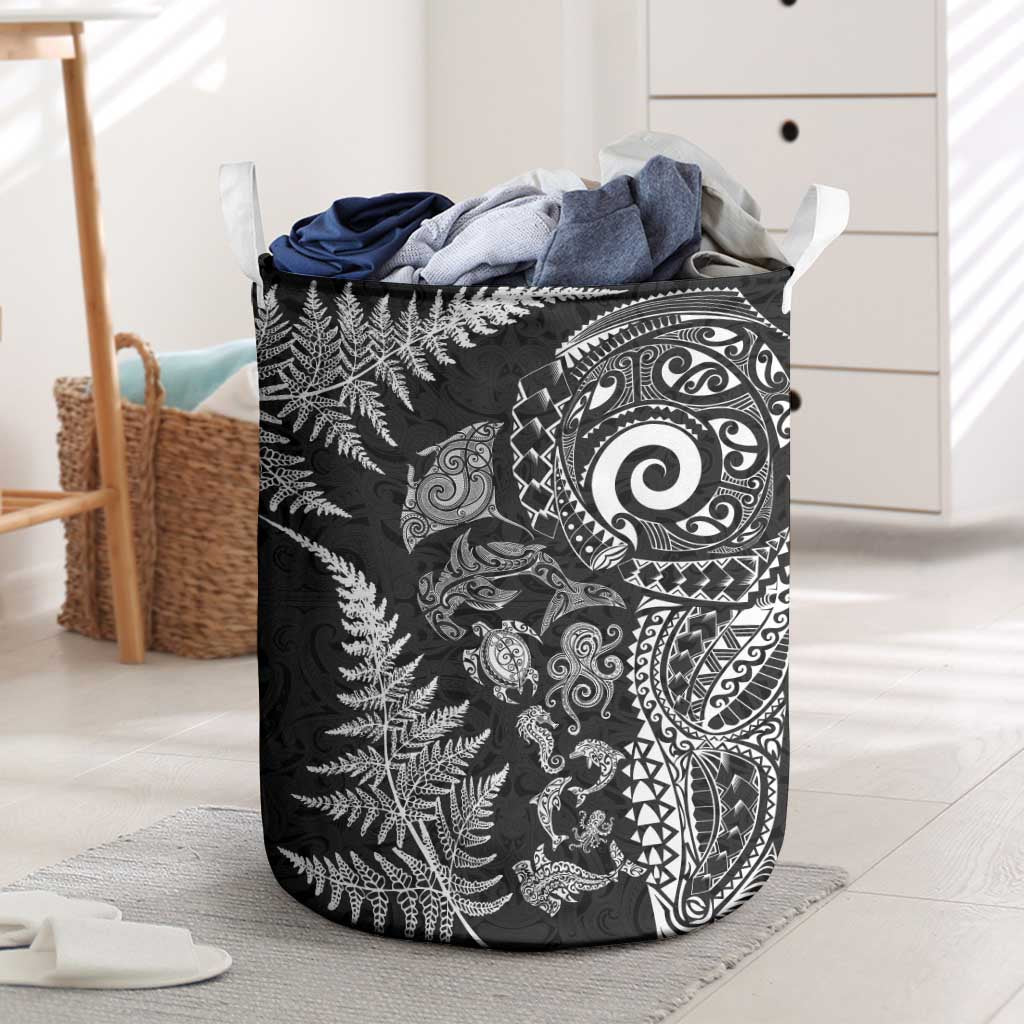 New Zealand Sea Animals Laundry Basket with Maori Koru Tribal Tattoo and Silver Ferns Black Color LT03 Black - Polynesian Pride
