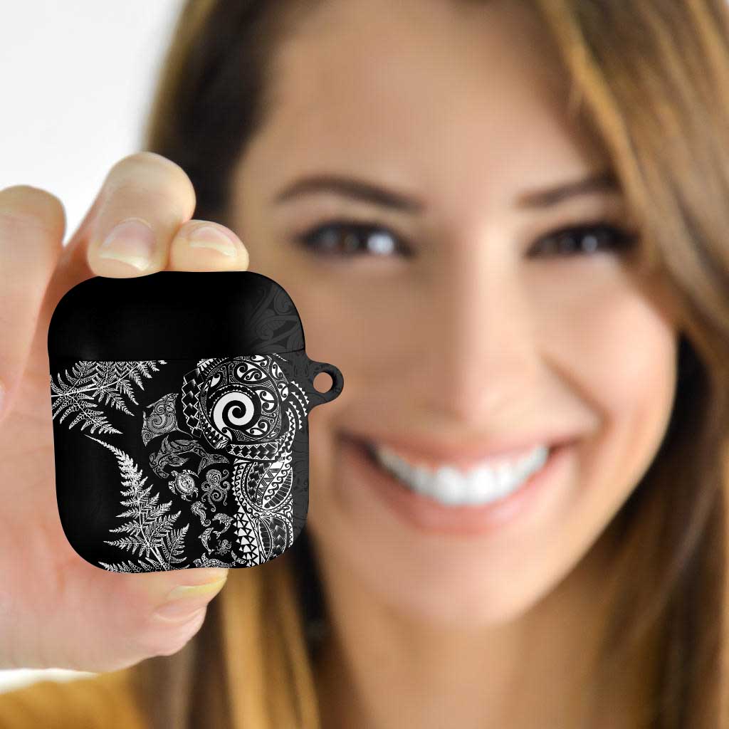 New Zealand Sea Animals AirPods Case with Maori Koru Tribal Tattoo and Silver Ferns Black Color LT03 - Polynesian Pride