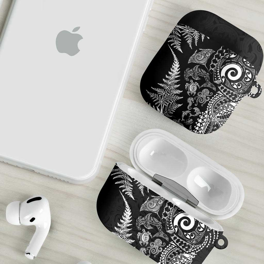 New Zealand Sea Animals AirPods Case with Maori Koru Tribal Tattoo and Silver Ferns Black Color LT03 - Polynesian Pride