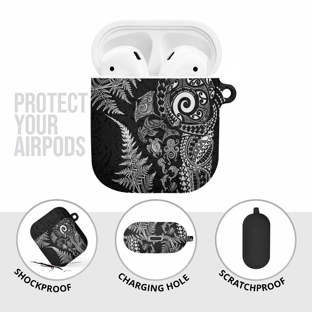 New Zealand Sea Animals AirPods Case with Maori Koru Tribal Tattoo and Silver Ferns Black Color LT03 - Polynesian Pride