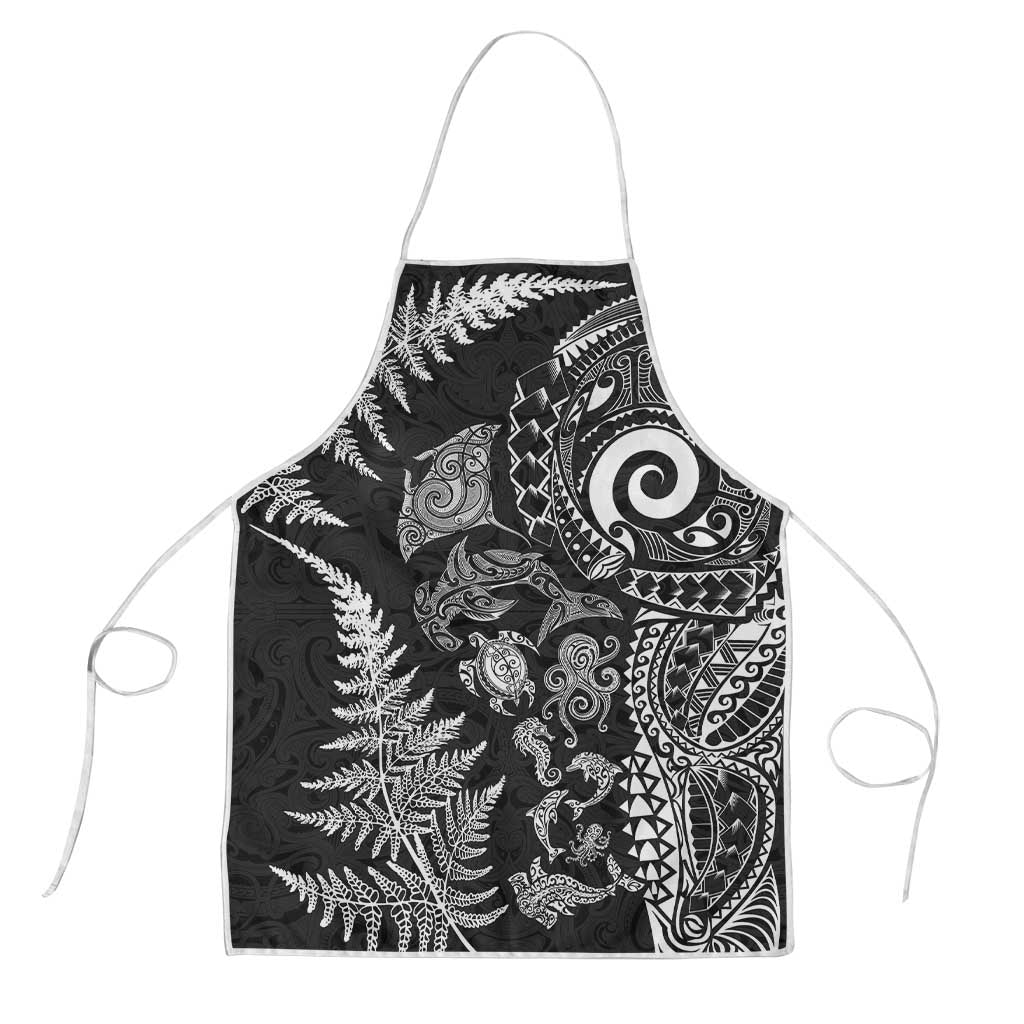 New Zealand Sea Animals Apron with Maori Koru Tribal Tattoo and Silver Ferns Black Color LT03 Black - Polynesian Pride