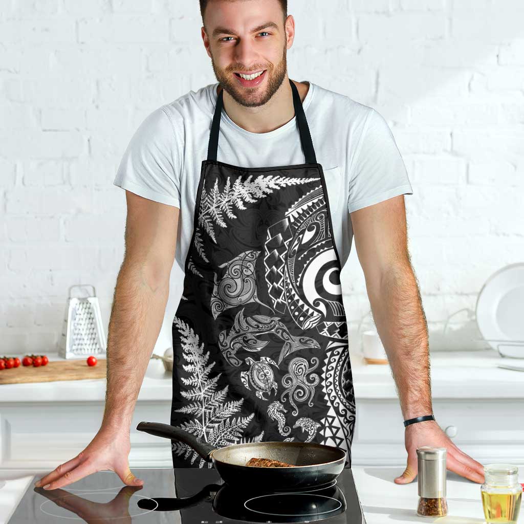 New Zealand Sea Animals Apron with Maori Koru Tribal Tattoo and Silver Ferns Black Color LT03 - Polynesian Pride