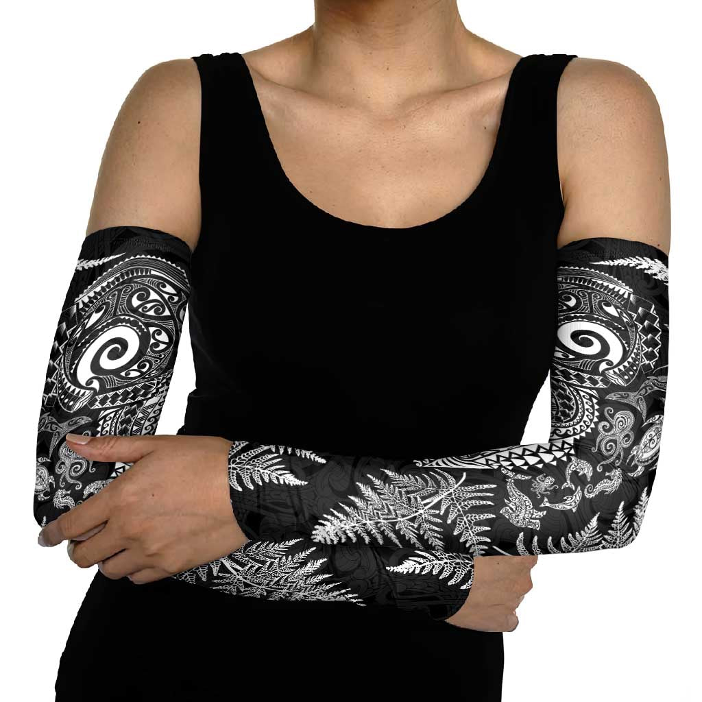 New Zealand Sea Animals Arm Sleeves with Maori Koru Tribal Tattoo and Silver Ferns Black Color LT03 - Polynesian Pride
