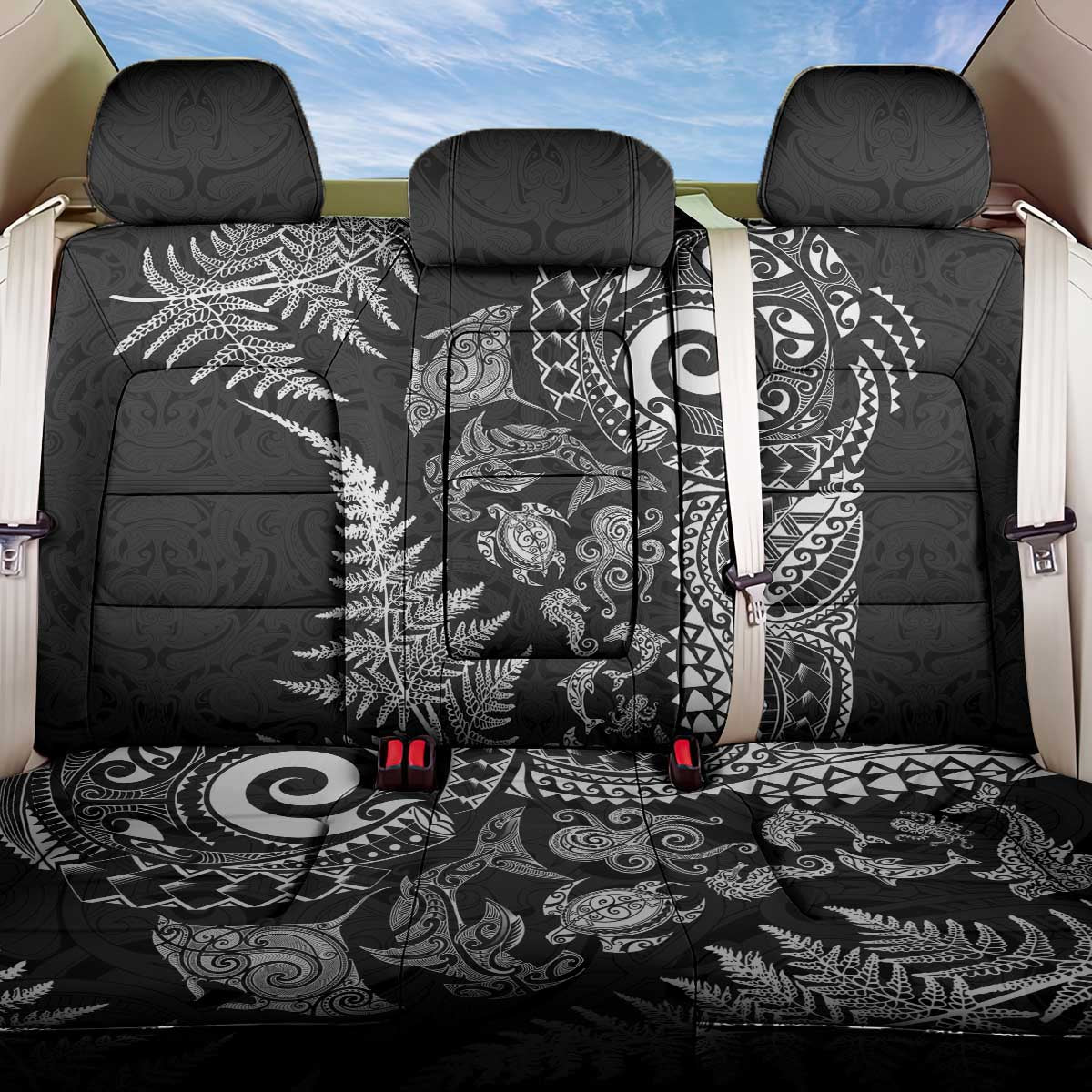 New Zealand Sea Animals Back Car Seat Cover with Maori Koru Tribal Tattoo and Silver Ferns Black Color LT03 One Size Black - Polynesian Pride
