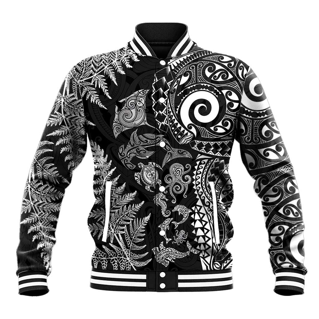 New Zealand Sea Animals Baseball Jacket with Maori Koru Tribal Tattoo and Silver Ferns Black Color LT03 Unisex Black - Polynesian Pride