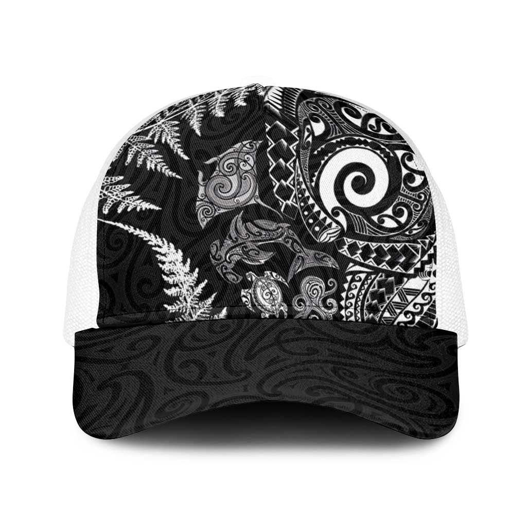 New Zealand Sea Animals Baseball Net Cap with Maori Koru Tribal Tattoo and Silver Ferns Black Color LT03 One Size White Black - Polynesian Pride
