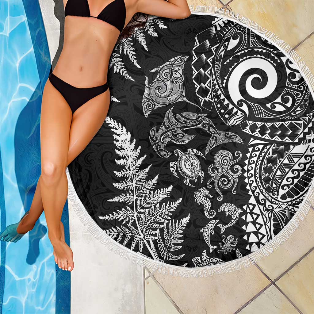 New Zealand Sea Animals Beach Blanket with Maori Koru Tribal Tattoo and Silver Ferns Black Color LT03 - Polynesian Pride