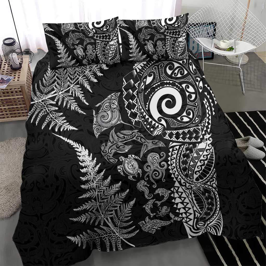 New Zealand Sea Animals Bedding Set with Maori Koru Tribal Tattoo and Silver Ferns Black Color LT03 - Polynesian Pride