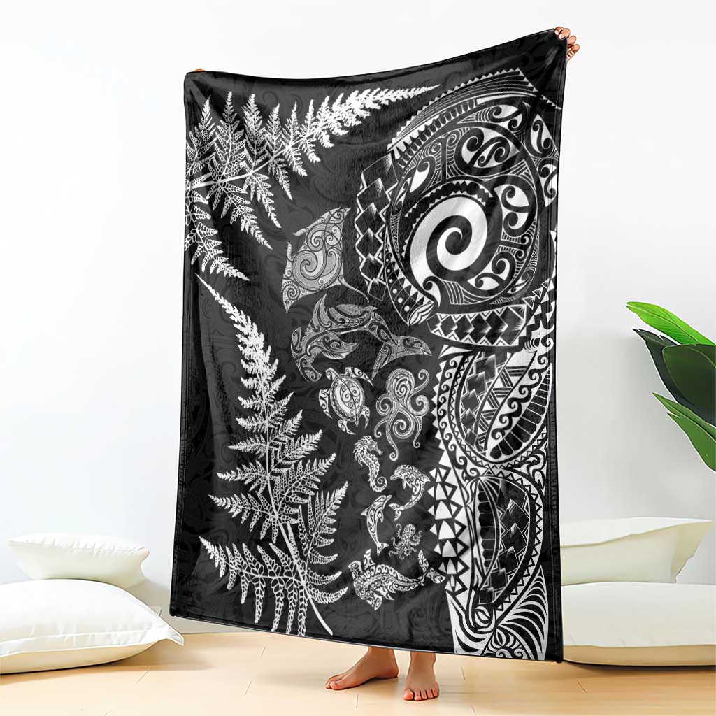 New Zealand Sea Animals Blanket with Maori Koru Tribal Tattoo and Silver Ferns Black Color LT03 - Polynesian Pride