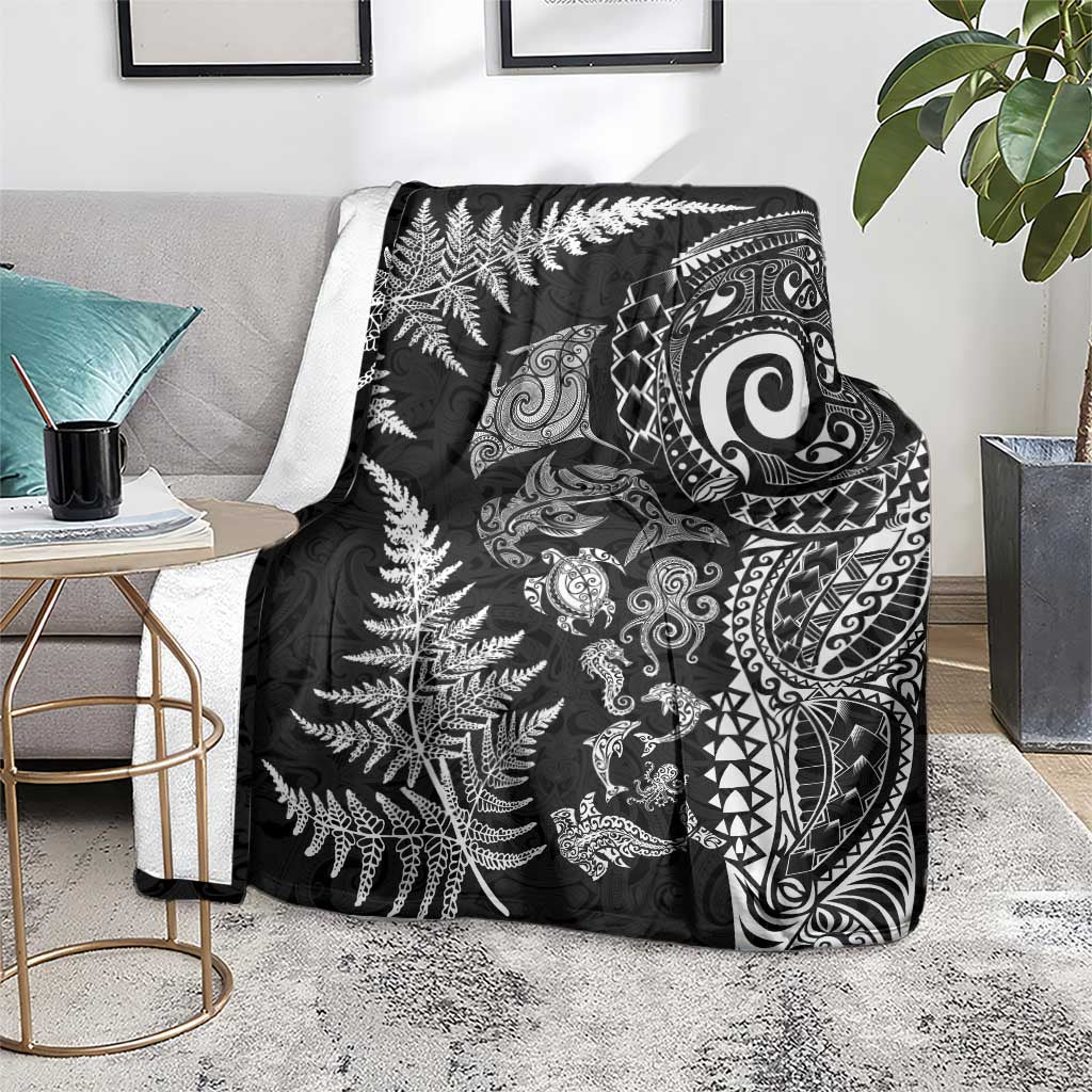 New Zealand Sea Animals Blanket with Maori Koru Tribal Tattoo and Silver Ferns Black Color LT03 - Polynesian Pride