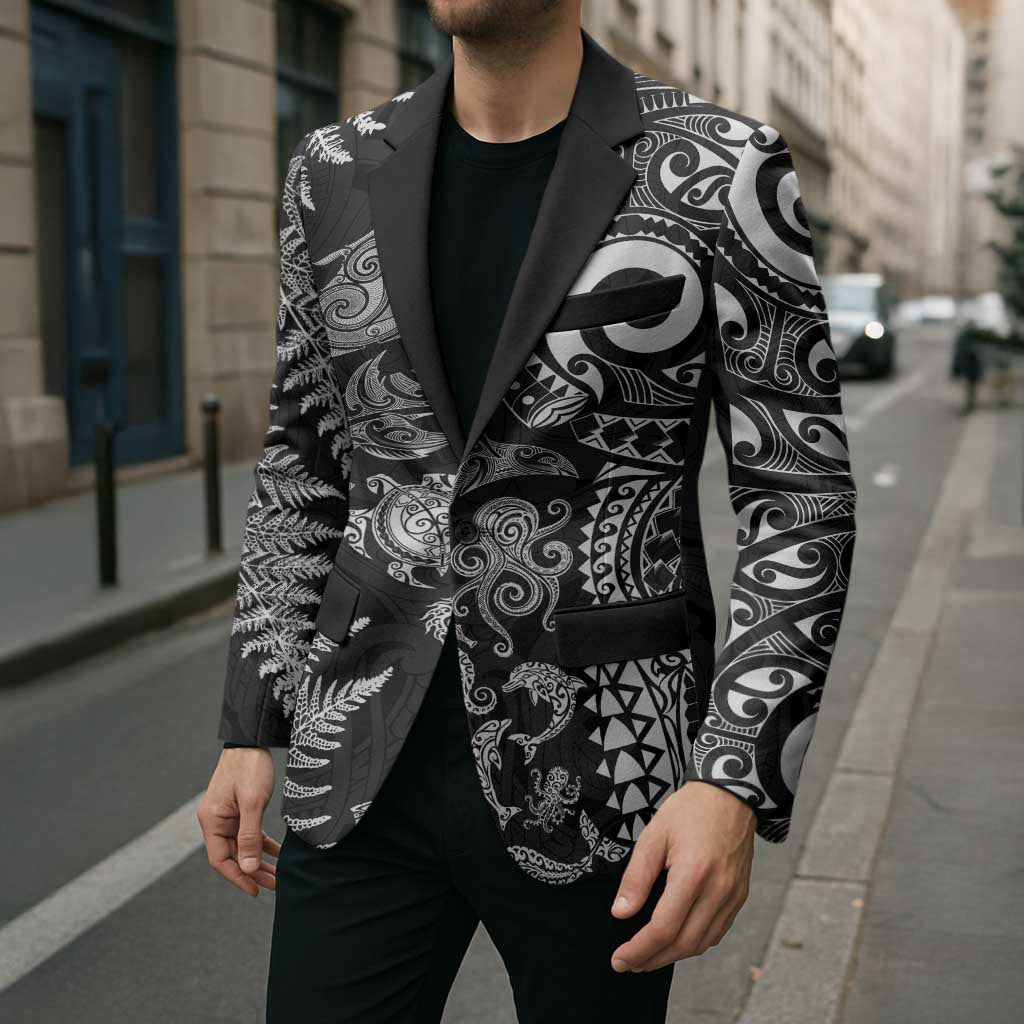 New Zealand Sea Animals Blazer with Maori Koru Tribal Tattoo and Silver Ferns Black Color LT03 - Polynesian Pride