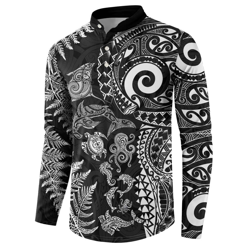 New Zealand Sea Animals Button Sweatshirt with Maori Koru Tribal Tattoo and Silver Ferns Black Color LT03 - Polynesian Pride