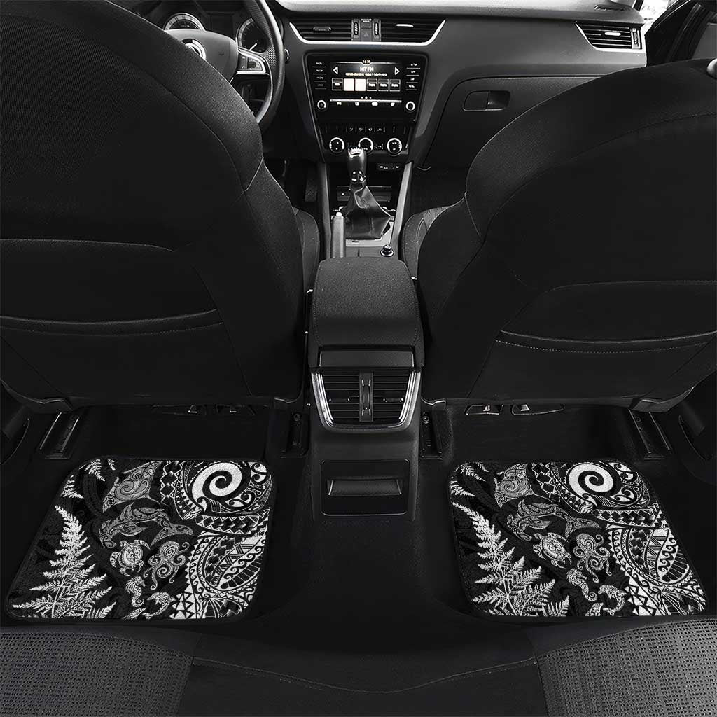 New Zealand Sea Animals Car Mats with Maori Koru Tribal Tattoo and Silver Ferns Black Color LT03 Set 2pcs - Back Black - Polynesian Pride