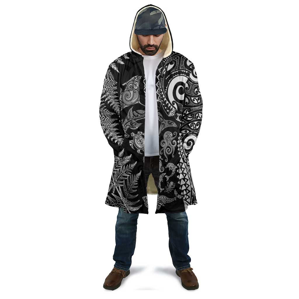 New Zealand Sea Animals Cloak with Maori Koru Tribal Tattoo and Silver Ferns Black Color LT03 - Polynesian Pride