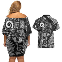 New Zealand Sea Animals Couples Matching Off Shoulder Short Dress and Hawaiian Shirt with Maori Koru Tribal Tattoo and Silver Ferns Black Color LT03 - Polynesian Pride