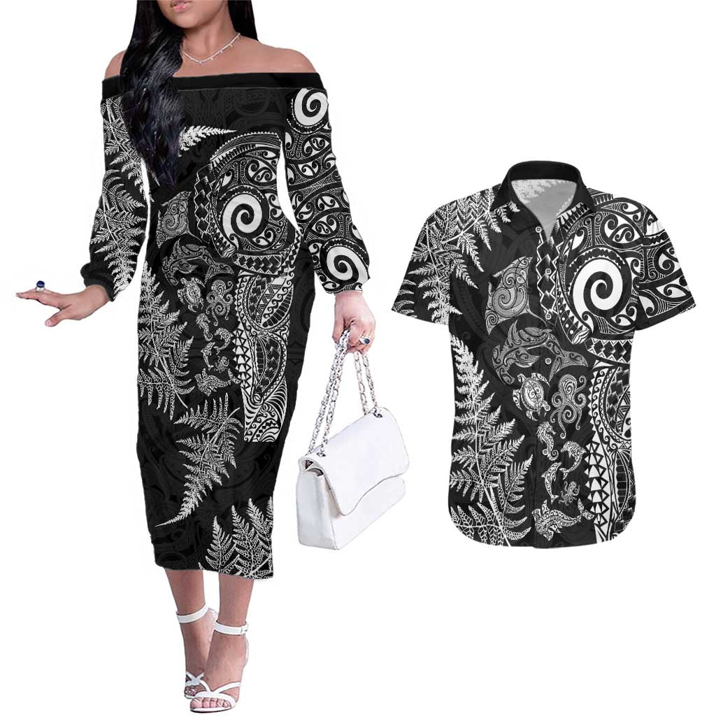 New Zealand Sea Animals Couples Matching Off The Shoulder Long Sleeve Dress and Hawaiian Shirt with Maori Koru Tribal Tattoo and Silver Ferns Black Color LT03 Black - Polynesian Pride