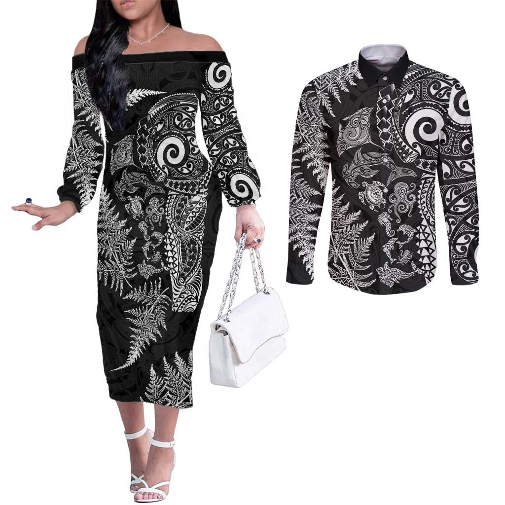 New Zealand Sea Animals Couples Matching Off The Shoulder Long Sleeve Dress and Long Sleeve Button Shirt with Maori Koru Tribal Tattoo and Silver Ferns Black Color LT03 Black - Polynesian Pride
