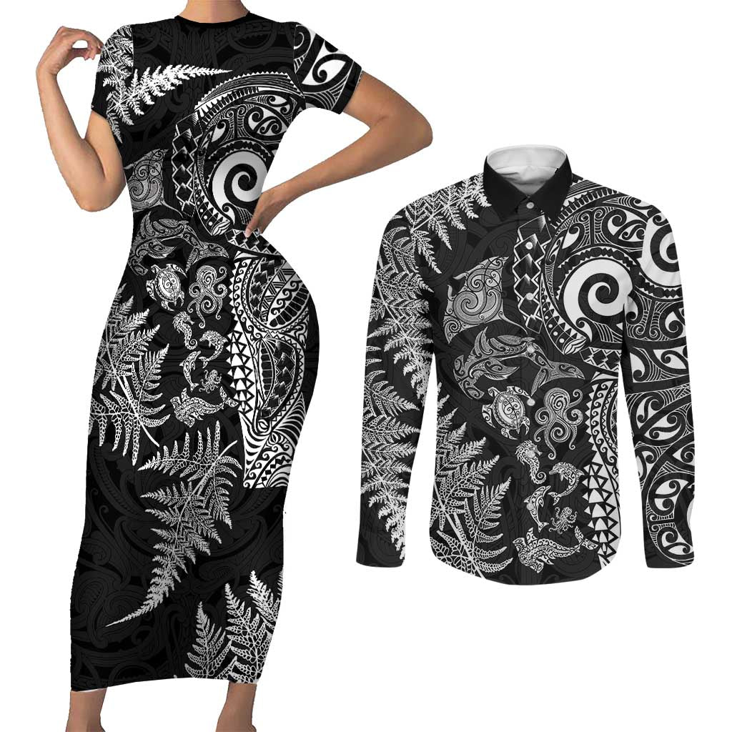 New Zealand Sea Animals Couples Matching Short Sleeve Bodycon Dress and Long Sleeve Button Shirt with Maori Koru Tribal Tattoo and Silver Ferns Black Color LT03 Black - Polynesian Pride