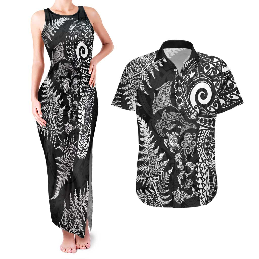 New Zealand Sea Animals Couples Matching Tank Maxi Dress and Hawaiian Shirt with Maori Koru Tribal Tattoo and Silver Ferns Black Color