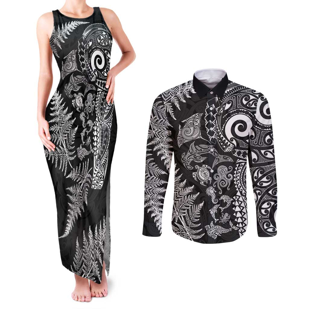 New Zealand Sea Animals Couples Matching Tank Maxi Dress and Long Sleeve Button Shirt with Maori Koru Tribal Tattoo and Silver Ferns Black Color LT03 Black - Polynesian Pride