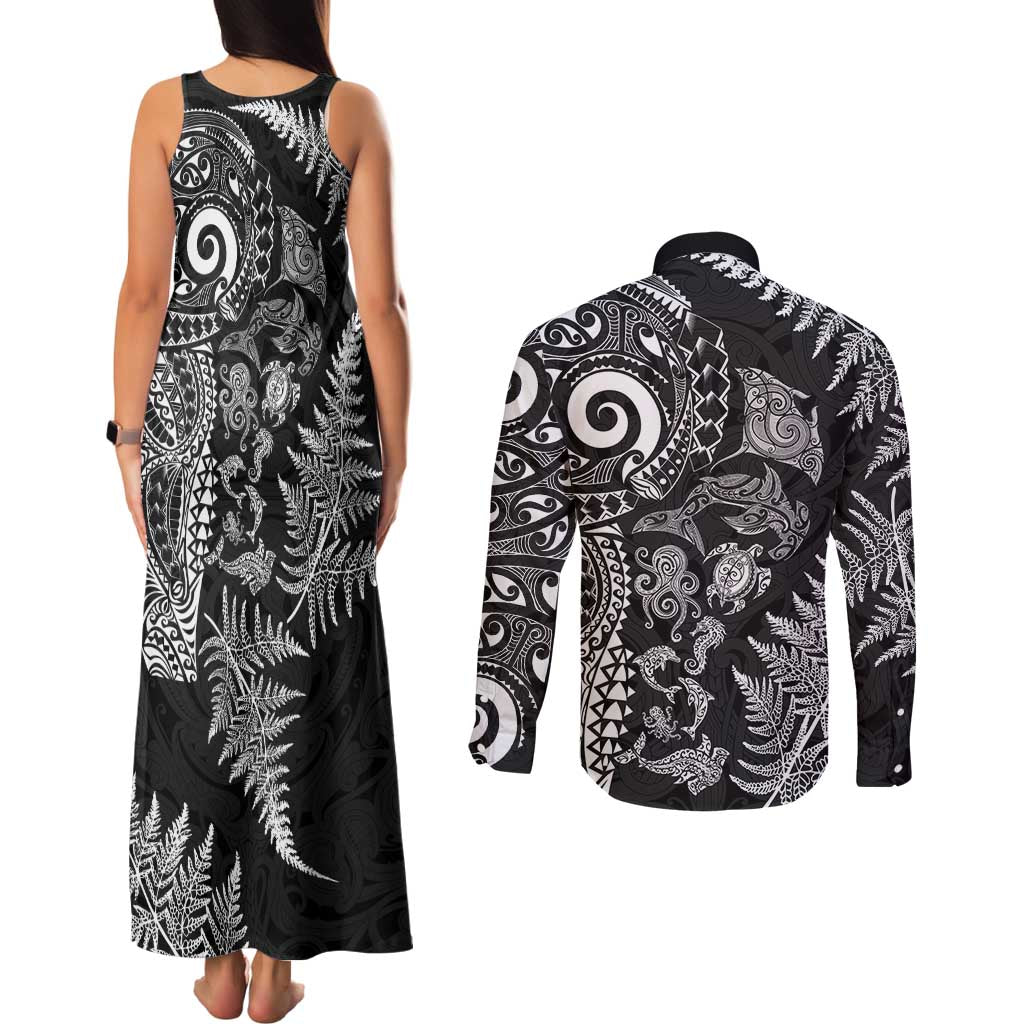 New Zealand Sea Animals Couples Matching Tank Maxi Dress and Long Sleeve Button Shirt with Maori Koru Tribal Tattoo and Silver Ferns Black Color LT03 - Polynesian Pride