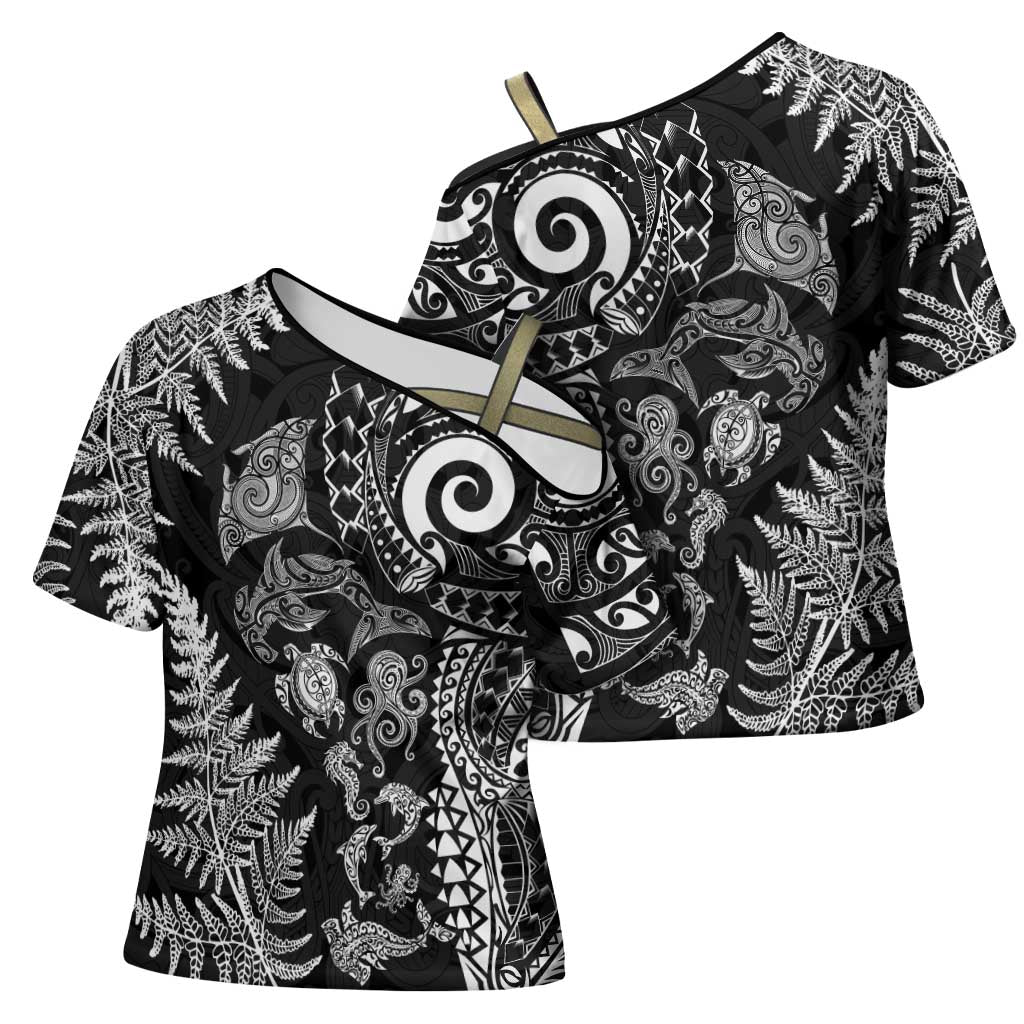 New Zealand Sea Animals Cross Shoulder Shirt with Maori Koru Tribal Tattoo and Silver Ferns Black Color LT03 - Polynesian Pride
