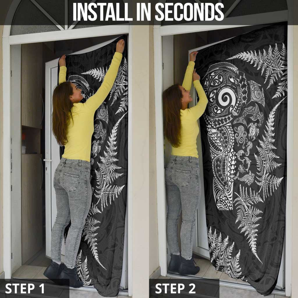 New Zealand Sea Animals Door Cover with Maori Koru Tribal Tattoo and Silver Ferns Black Color LT03 - Polynesian Pride