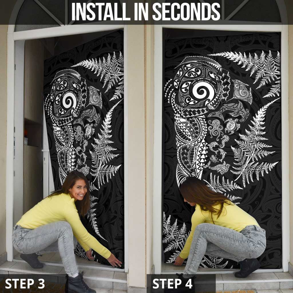 New Zealand Sea Animals Door Cover with Maori Koru Tribal Tattoo and Silver Ferns Black Color LT03 - Polynesian Pride