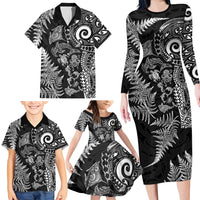 New Zealand Sea Animals Family Matching Long Sleeve Bodycon Dress and Hawaiian Shirt with Maori Koru Tribal Tattoo and Silver Ferns Black Color LT03 - Polynesian Pride