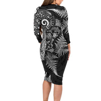 New Zealand Sea Animals Family Matching Long Sleeve Bodycon Dress and Hawaiian Shirt with Maori Koru Tribal Tattoo and Silver Ferns Black Color LT03 - Polynesian Pride