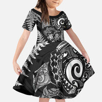 New Zealand Sea Animals Family Matching Mermaid Dress and Hawaiian Shirt with Maori Koru Tribal Tattoo and Silver Ferns Black Color LT03 Daughter's Dress Black - Polynesian Pride