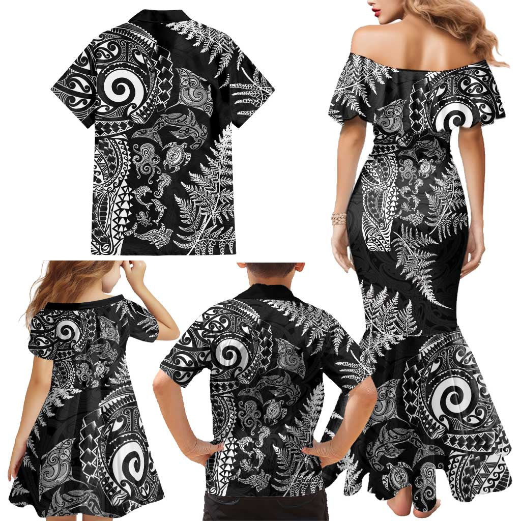 New Zealand Sea Animals Family Matching Mermaid Dress and Hawaiian Shirt with Maori Koru Tribal Tattoo and Silver Ferns Black Color LT03 - Polynesian Pride