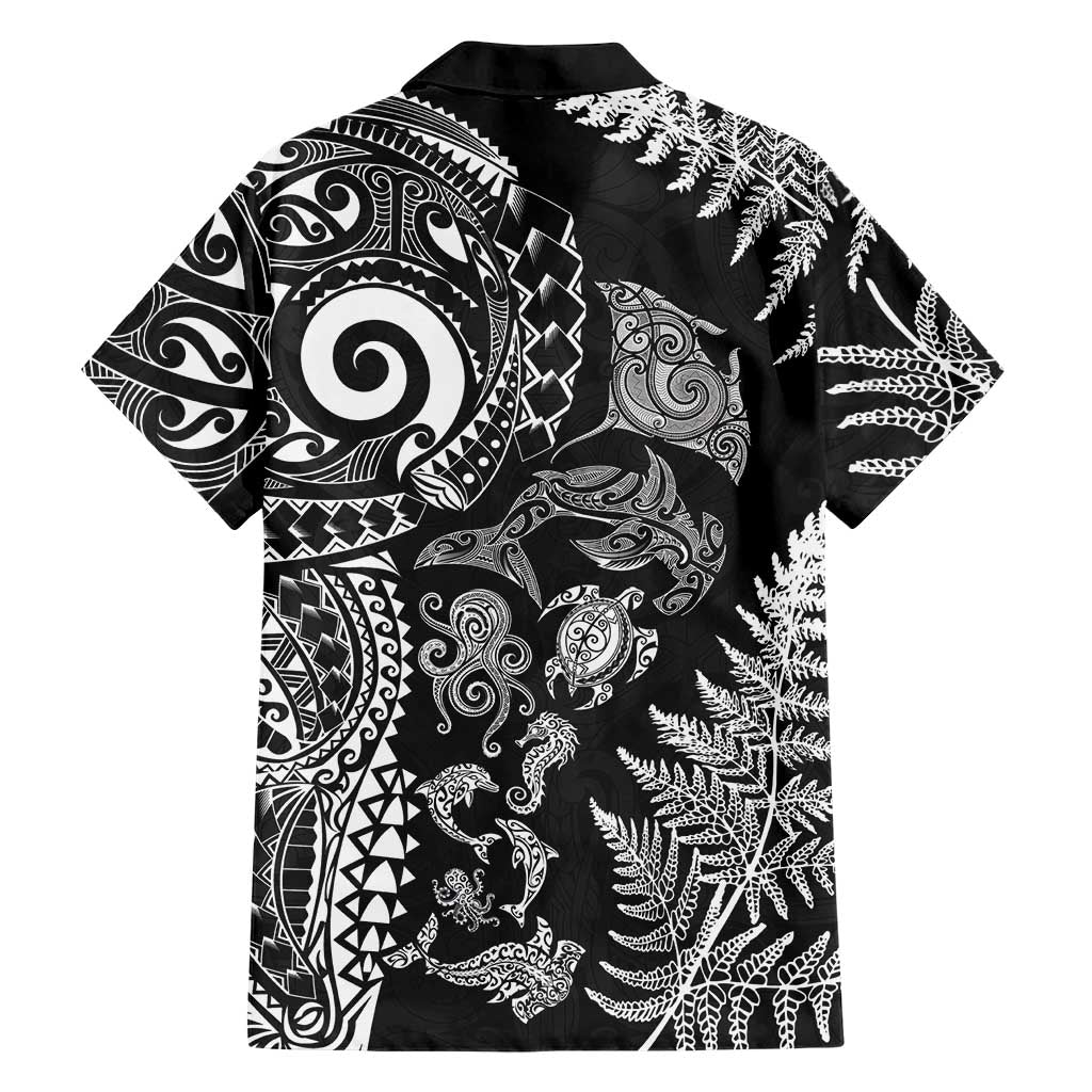 New Zealand Sea Animals Family Matching Mermaid Dress and Hawaiian Shirt with Maori Koru Tribal Tattoo and Silver Ferns Black Color LT03 - Polynesian Pride