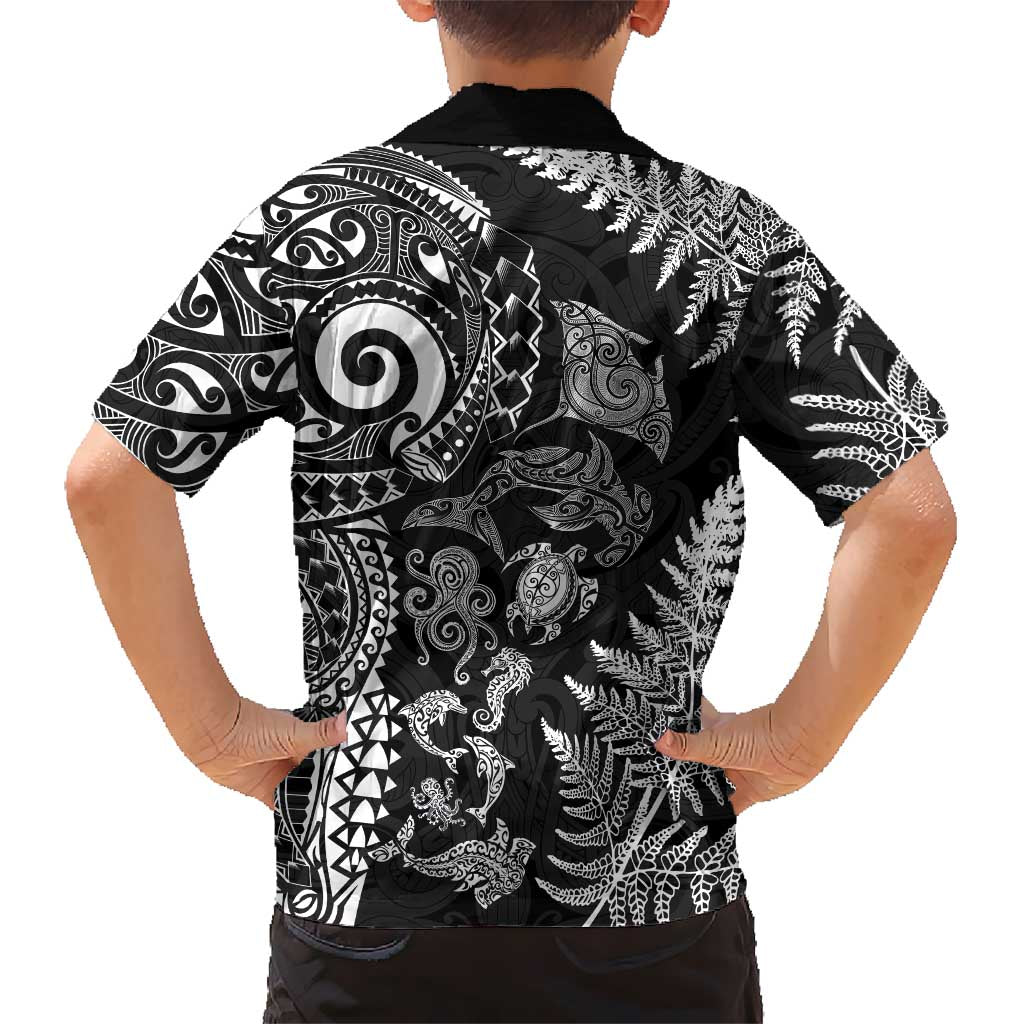 New Zealand Sea Animals Family Matching Off The Shoulder Long Sleeve Dress and Hawaiian Shirt with Maori Koru Tribal Tattoo and Silver Ferns Black Color LT03 - Polynesian Pride